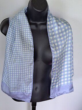 Vintage Echo Blue & White Gingham Silk Scarf Rectangular Lightweight Womens